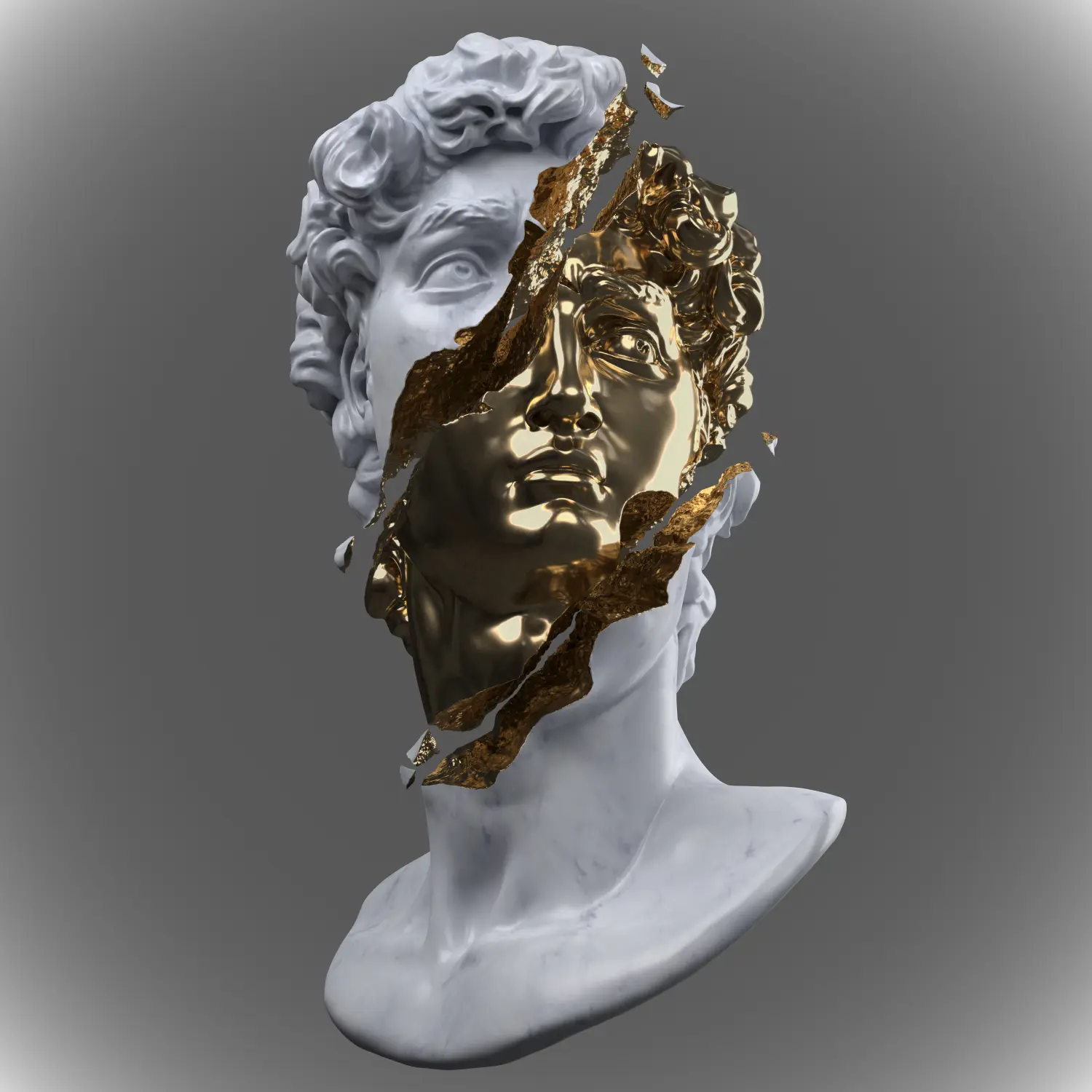 Cosmopolitan Aesthetics Hannover und Braunschweig - Abstrakte Illustration aus einer 3D-Rendering-Darstellung einer in drei Teile zerbrochenen Büste einer klassischen männlichen Skulptur aus goldenem und weißem Marmor, deren winzige Fragmente vor einem grauen Hintergrund isoliert dargestellt sind.