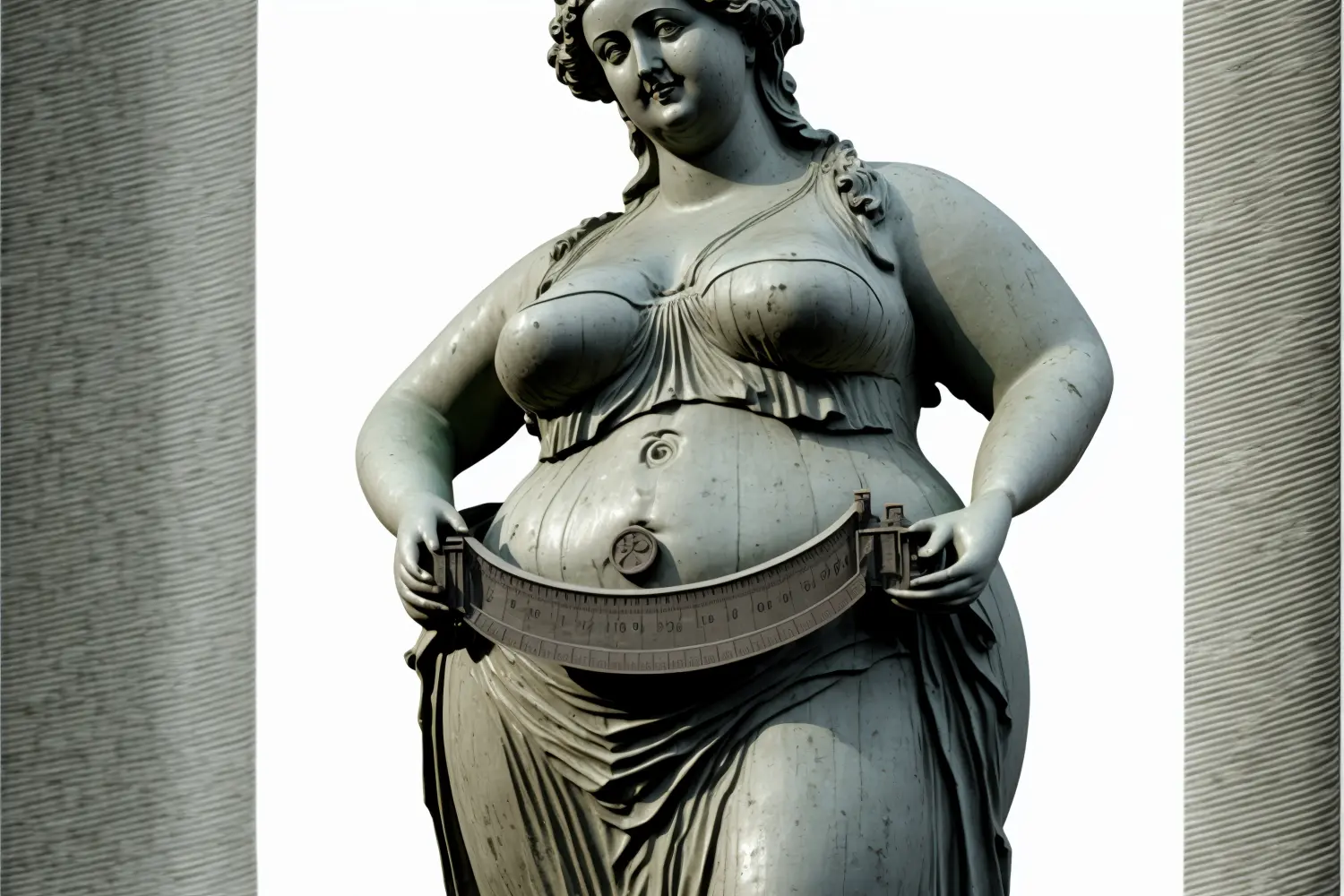 Cosmopolitan Aesthetics Hannover und Braunschweig - Antike Statue, die den Taillenumfang mit einem Lineal misst, Konzept der Körperpositivität, erstellt mit generativer KI-Technologie