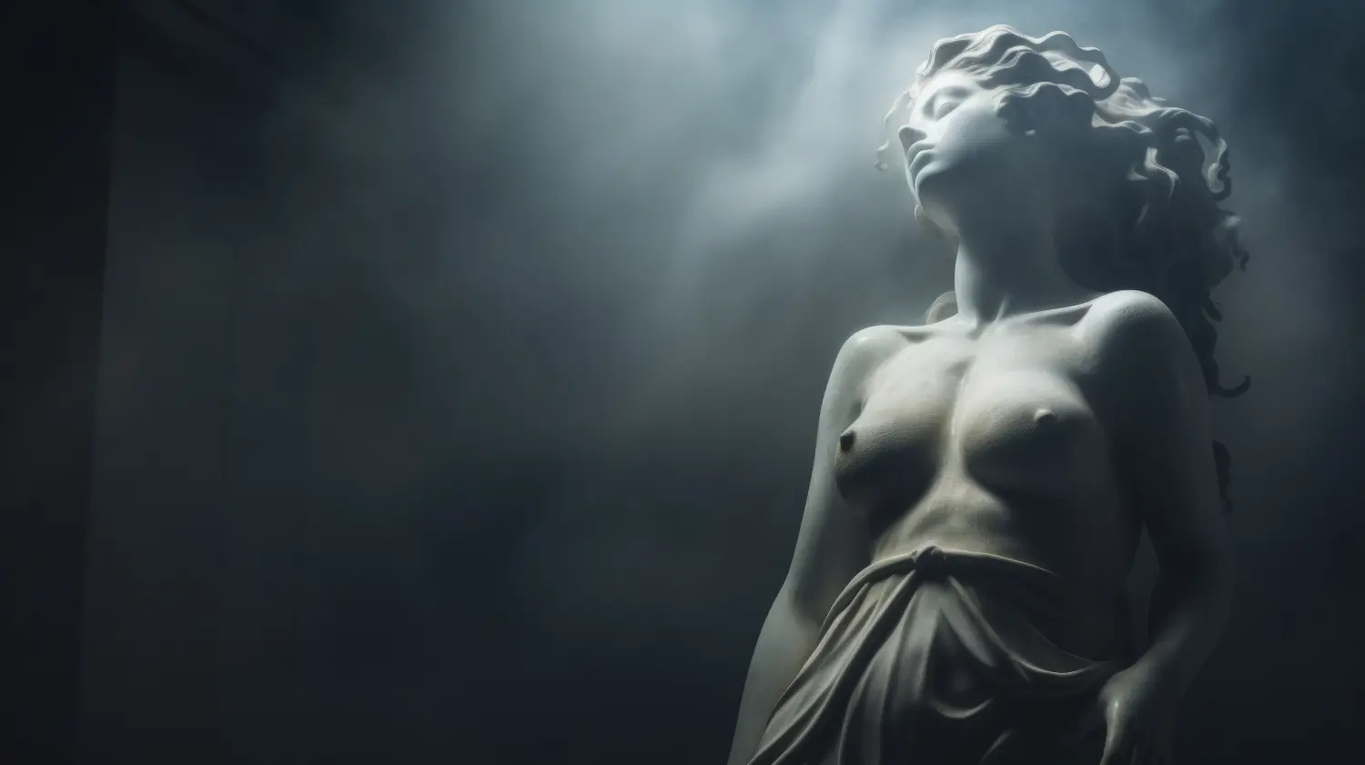 Cosmopolitan Aesthetics Hannover und Braunschweig - Antike Statue einer weiblichen Person in mystischem Dunst auf düsterem, dunklem Hintergrund, wunderschöne Statue einer jungen erwachsenen Frau in einer Aura der Schönheit und des Mysteriums in zeitloser Anziehungskraft