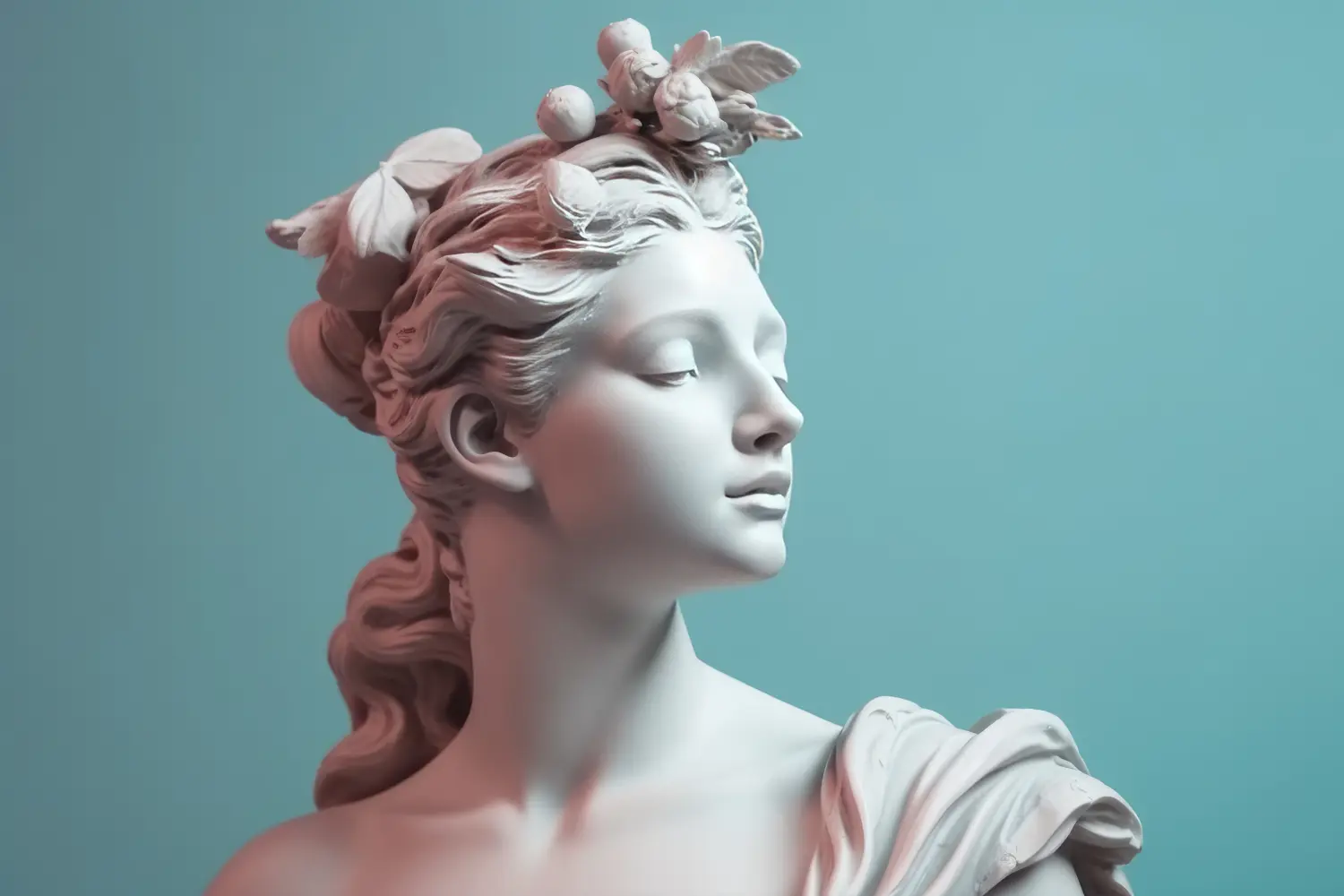 Cosmopolitan Aesthetics Hannover und Braunschweig - Antike griechische Skulptur einer Frau, einer Göttin, in Pastellfarben des Hintergrunds. 