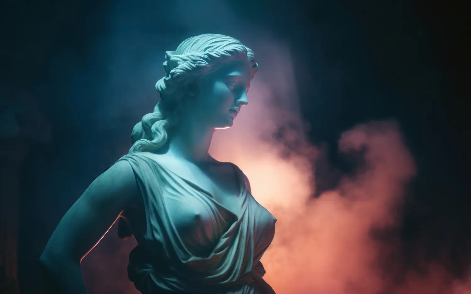 Cosmopolitan Aesthetics Hannover und Braunschweig - Antike Statue einer weiblichen Person in mystischem Neon-Glanz-Dunst, düsterem dunklen Hintergrund, wunderschöne Statue einer jungen erwachsenen Frau in einer Aura der Schönheit und des Mysteriums, umhüllt von Rätseln