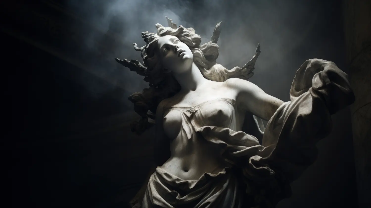 Cosmopolitan Aesthetics Hannover und Braunschweig - Antike Statue einer weiblichen Person in mystischem Dunst vor düsterem, dunklem Hintergrund, wunderschöne Statue einer jungen erwachsenen Frau in einer Aura aus Schönheit und Geheimnis mit zeitlosem Reiz