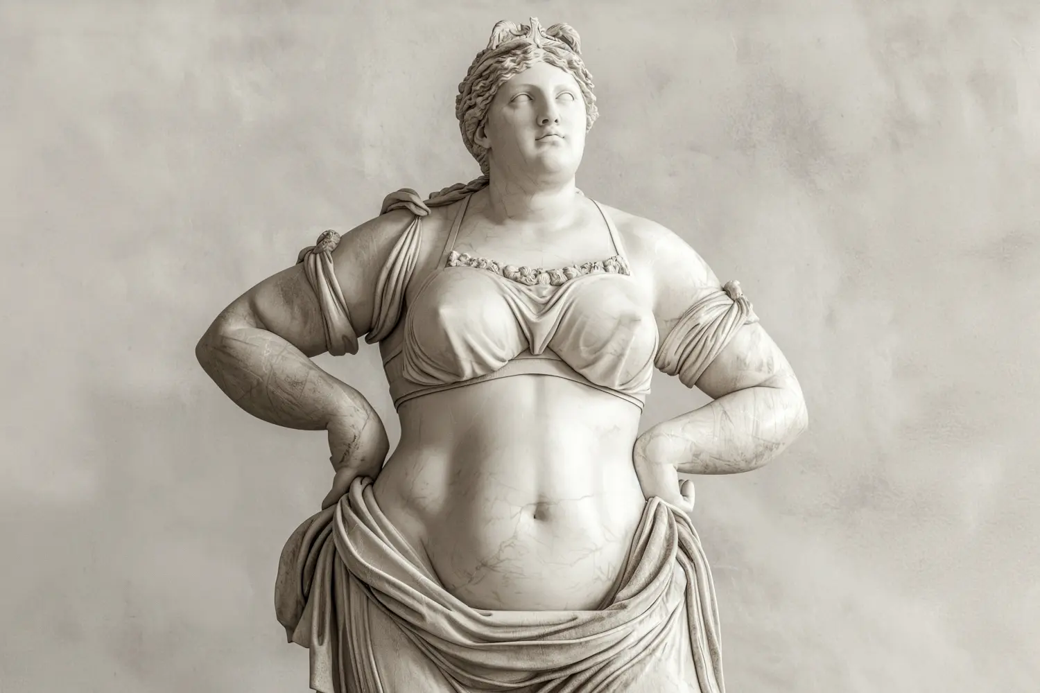 Cosmopolitan Aesthetics Hannover und Braunschweig - Übergewichtige Marmorskulptur. Statue einer Person mit Adipositas, dicke Menschen, Adipositas, Körpergröße, Diät und Ernährung, Konzept der Körperpositivität. Dicke griechische Statue mit Kopierbereich.