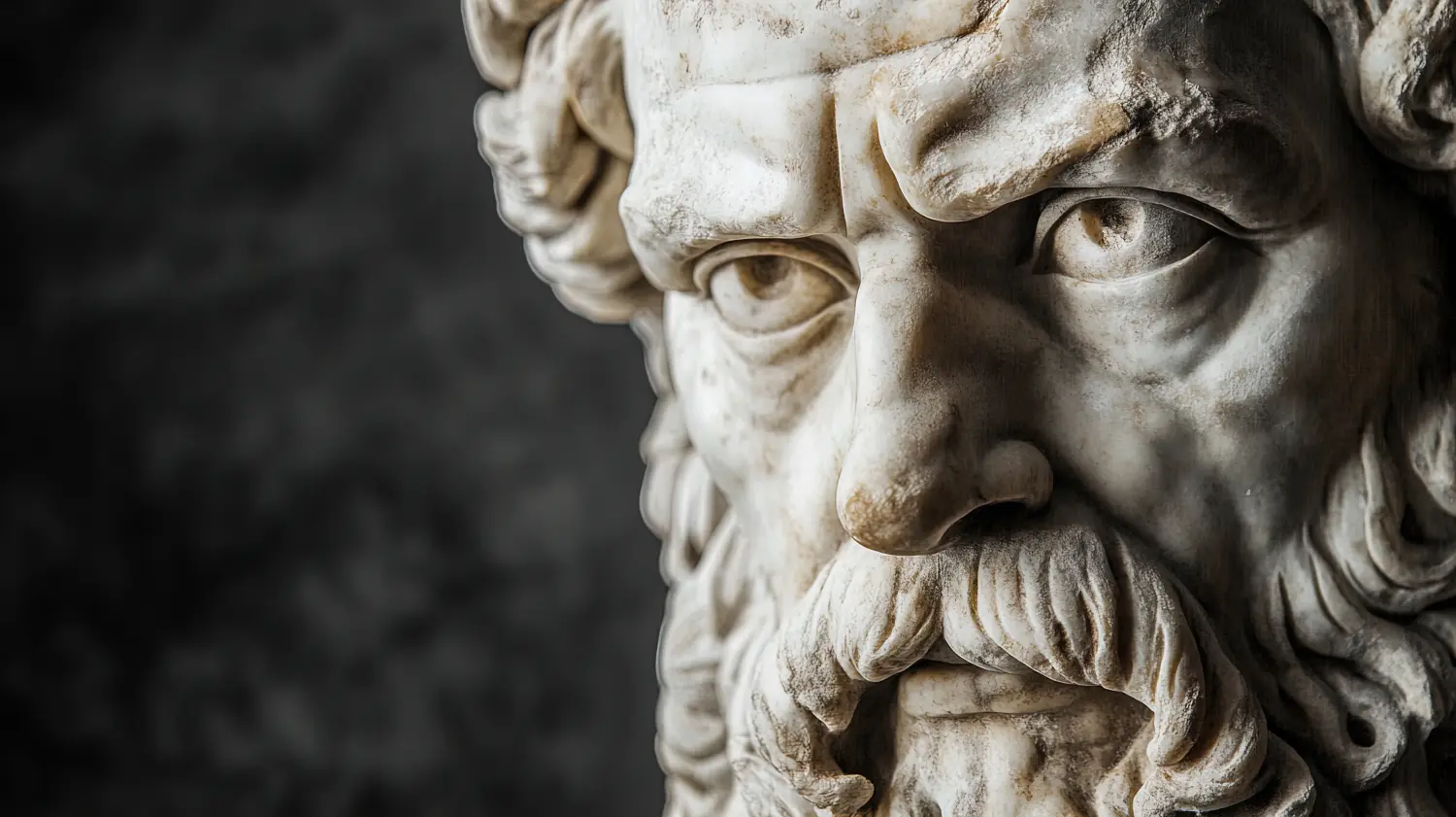 Cosmopolitan Aesthetics Hannover und Braunschweig - Emotionale Tiefe: Die Statue eines Philosophen aus Marmor – ideal für Sport-Innenraumposter, die die Weisheit und Sanftheit der Zeit in einer eindrucksvollen Nahaufnahme einfangen.