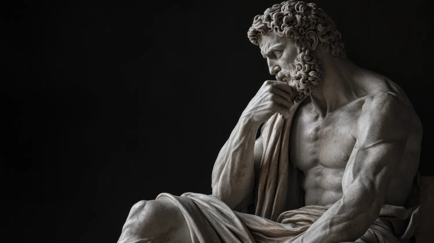 Cosmopolitan Aesthetics Hannover und Braunschweig - Eine Statue eines Mannes mit Bart und Robe sitzt auf einem schwarzen Hintergrund